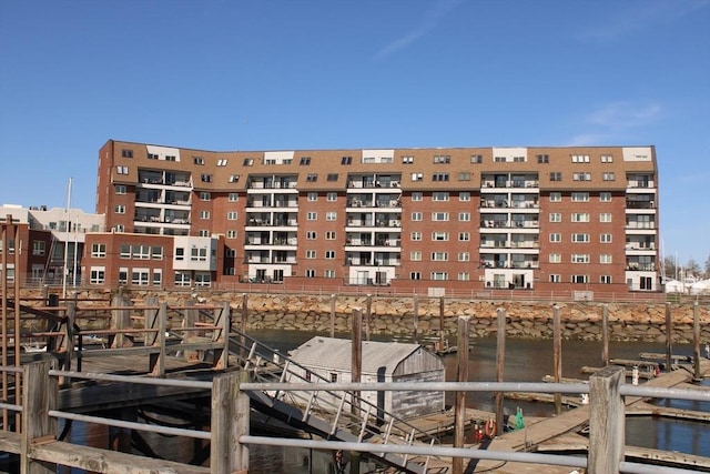 view of building exterior featuring a water view