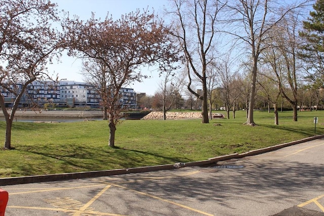 view of community featuring a lawn and uncovered parking