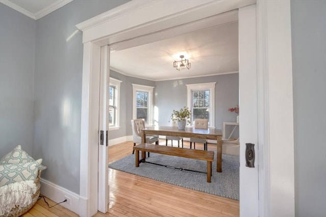 dining room with wood-type flooring and ornamental molding