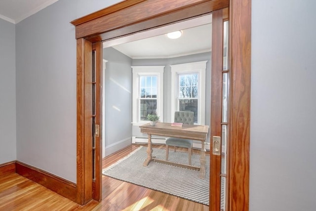 interior space featuring a baseboard heating unit, light hardwood / wood-style flooring, and crown molding