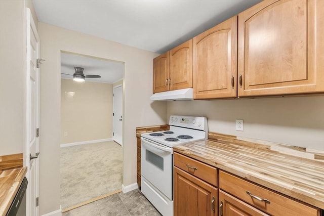 127 King St Unit 104, Franklin, MA 02038 - kitchen with white electric range oven, wooden counters, under cabinet range hood, light colored carpet, and ceiling fan
