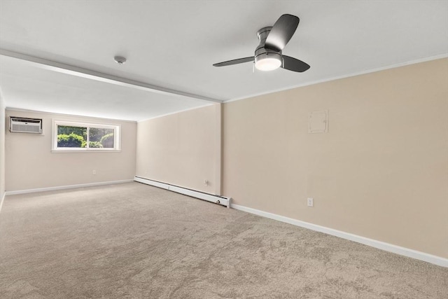 127 King St Unit 104, Franklin, MA 02038 - spare room with baseboard heating, carpet floors, baseboards, a wall unit AC, and ornamental molding