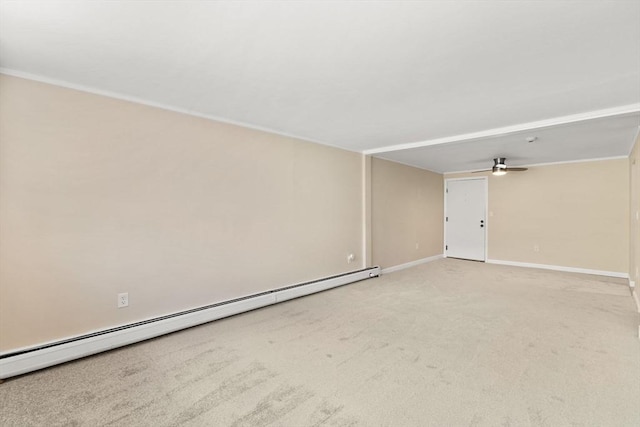 127 King St Unit 104, Franklin, MA 02038 - unfurnished room with a baseboard radiator, light colored carpet, baseboards, a ceiling fan, and ornamental molding
