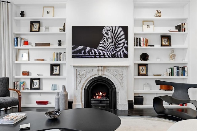 8 Rutland Sq Unit 2, Boston, MA 02118 - living room featuring built in shelves, a premium fireplace, and wood finished floors