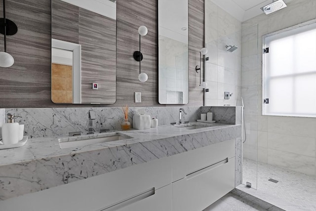 8 Rutland Sq Unit 2, Boston, MA 02118 - full bath featuring double vanity, a shower stall, and decorative backsplash