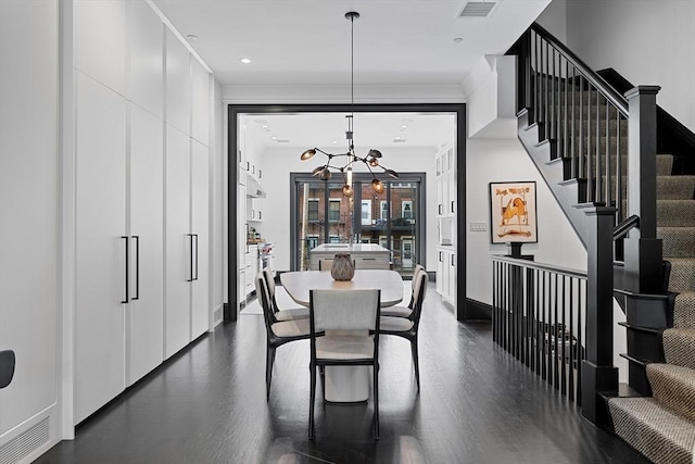 8 Rutland Sq Unit 2, Boston, MA 02118 - dining space with dark wood-style flooring, a chandelier, stairway, baseboards, and recessed lighting