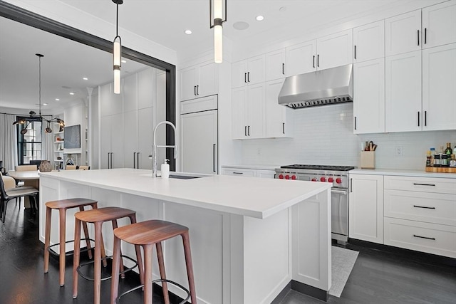8 Rutland Sq Unit 2, Boston, MA 02118 - kitchen with under cabinet range hood, stainless steel stove, a sink, dark wood-type flooring, and decorative backsplash