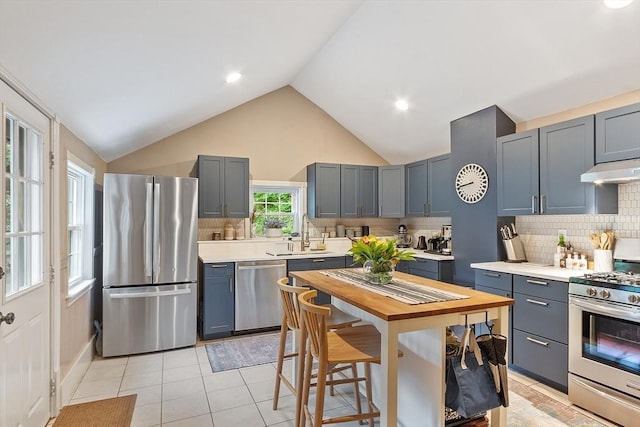 18 River St Unit 18, Andover, MA 01810 - kitchen with appliances with stainless steel finishes, decorative backsplash, vaulted ceiling, under cabinet range hood, and gray cabinets