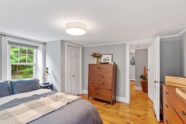 18 River St Unit 18, Andover, MA 01810 - bedroom with light wood finished floors, a baseboard heating unit, a closet, and ornamental molding
