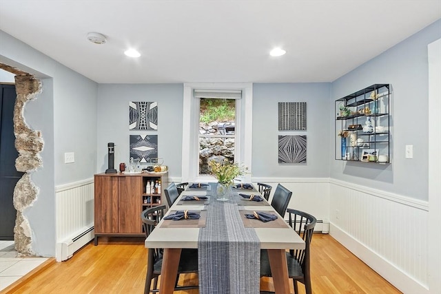 18 River St Unit 18, Andover, MA 01810 - dining space featuring a baseboard heating unit, light wood-style floors, wainscoting, and recessed lighting
