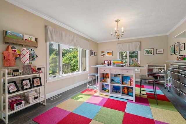 19 Buckmaster Dr, Sudbury, MA 01776 - game room featuring crown molding, a notable chandelier, baseboards, wood finished floors, and visible vents