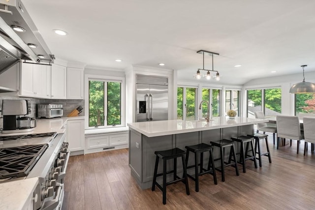 19 Buckmaster Dr, Sudbury, MA 01776 - kitchen featuring wood-type flooring, a kitchen bar, white cabinetry, decorative light fixtures, and premium appliances