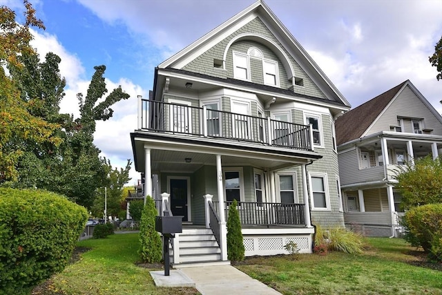 view of front facade featuring a balcony, covered porch, and a front lawn