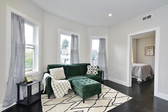 living area featuring plenty of natural light and dark hardwood / wood-style floors