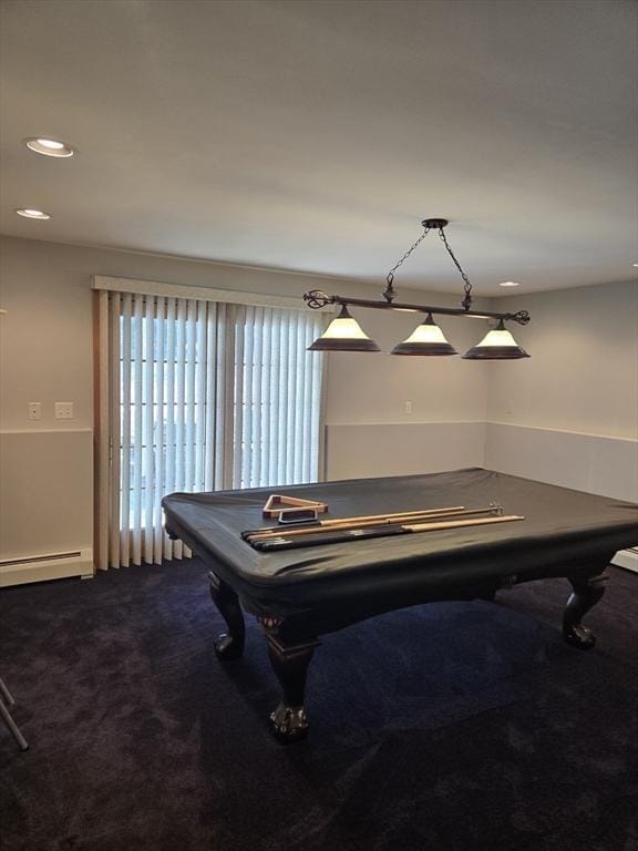 rec room featuring carpet flooring, a baseboard heating unit, and pool table