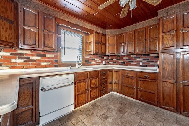 kitchen featuring ceiling fan, sink, wooden ceiling, white dishwasher, and decorative backsplash