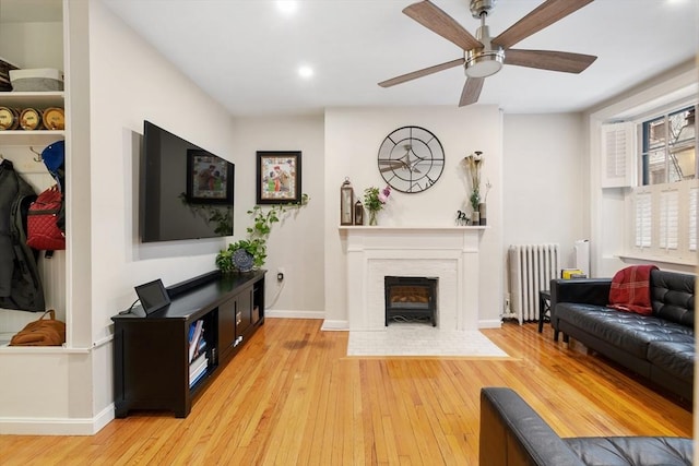 37 Grove St Unit 2, Boston, MA 02114 - living room featuring radiator heating unit, baseboards, hardwood / wood-style flooring, ceiling fan, and recessed lighting