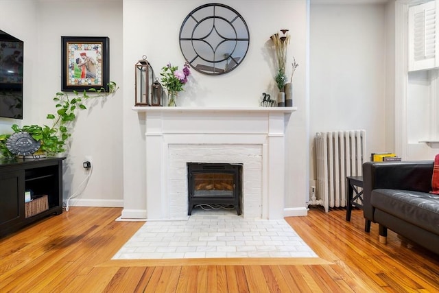 37 Grove St Unit 2, Boston, MA 02114 - living room featuring radiator heating unit, a brick fireplace, wood finished floors, and baseboards