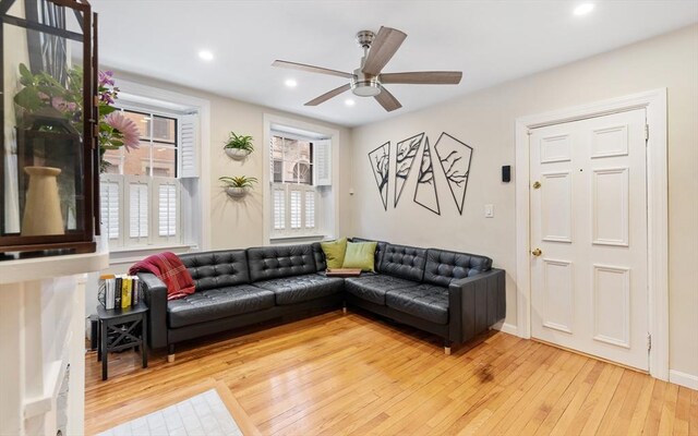 37 Grove St Unit 2, Boston, MA 02114 - living area featuring light wood finished floors, a ceiling fan, and recessed lighting