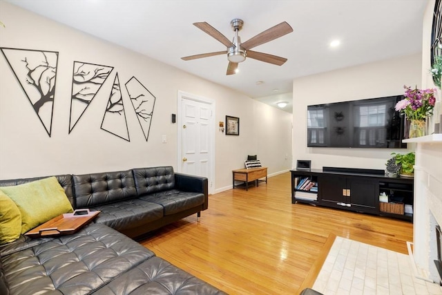 37 Grove St Unit 2, Boston, MA 02114 - living room featuring light wood finished floors, ceiling fan, and recessed lighting
