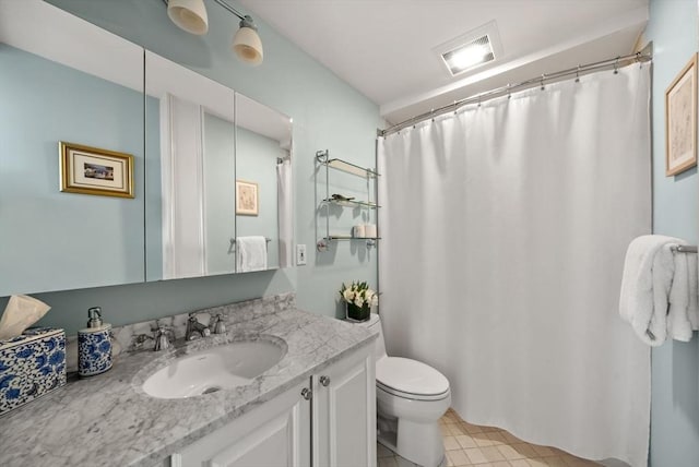 full bath featuring visible vents, toilet, and vanity