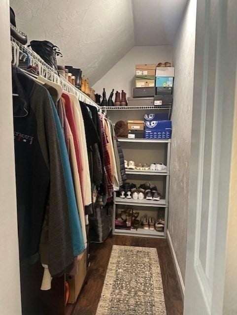 walk in closet with vaulted ceiling and dark wood-type flooring