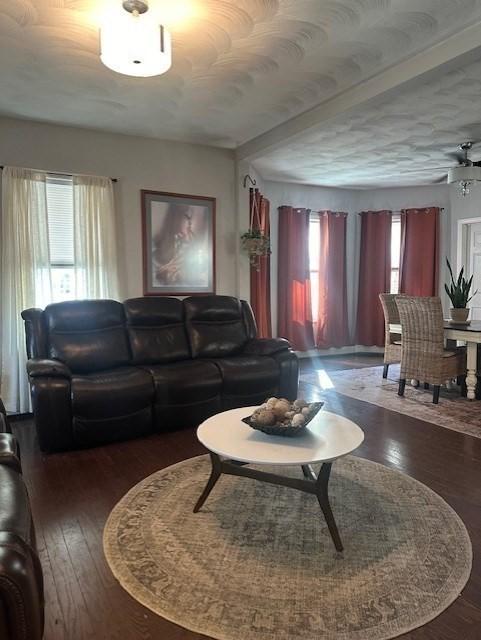 living room with a textured ceiling, ceiling fan, dark wood-type flooring, and a wealth of natural light