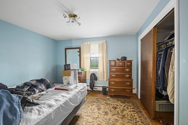 bedroom with wood finished floors and a closet