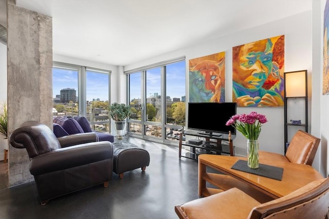 living room featuring concrete floors and a healthy amount of sunlight
