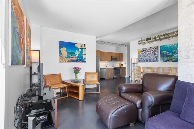 living room featuring rail lighting and concrete flooring