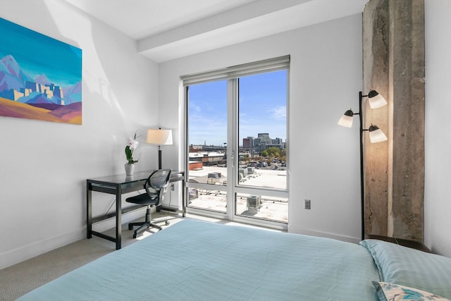 bedroom featuring a view of city, baseboards, carpet flooring, and access to exterior