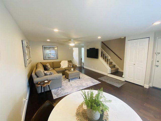 124 Kingston St Unit 124, North Andover, MA 01845 - living area with dark wood-style flooring, stairway, recessed lighting, and ceiling fan