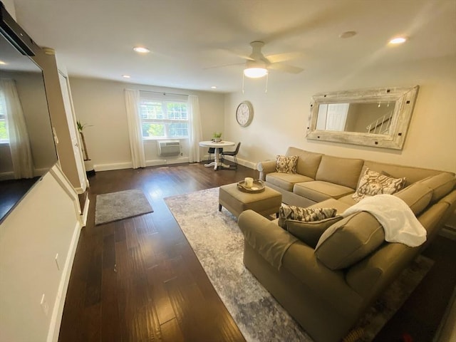 124 Kingston St Unit 124, North Andover, MA 01845 - living room featuring an AC wall unit, dark wood-style flooring, recessed lighting, and a ceiling fan