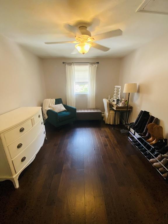 124 Kingston St Unit 124, North Andover, MA 01845 - sitting room with a ceiling fan, dark wood finished floors, and attic access