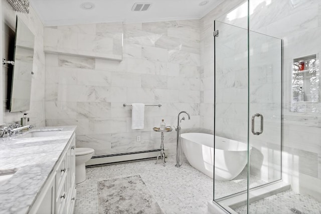 full bathroom with tile walls, vanity, a baseboard radiator, independent shower and bath, and toilet