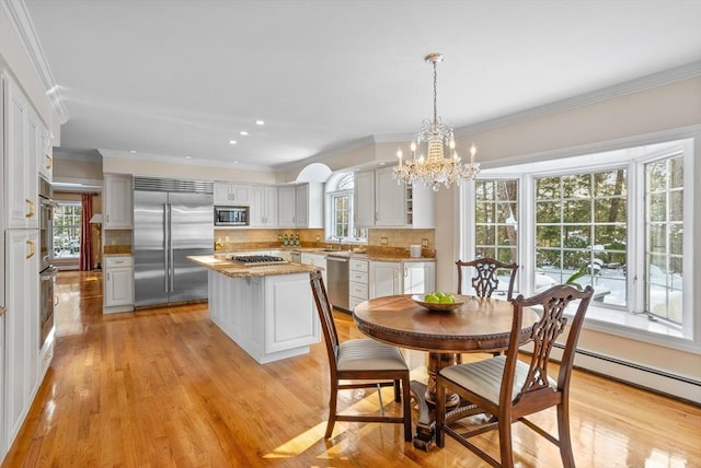 kitchen featuring a center island, white cabinets, pendant lighting, stainless steel appliances, and backsplash