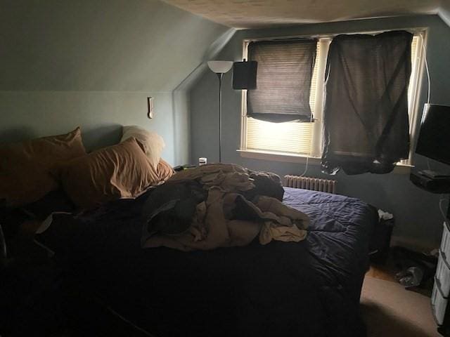 bedroom featuring radiator and vaulted ceiling