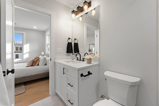 bathroom with wood-type flooring, vanity, and toilet