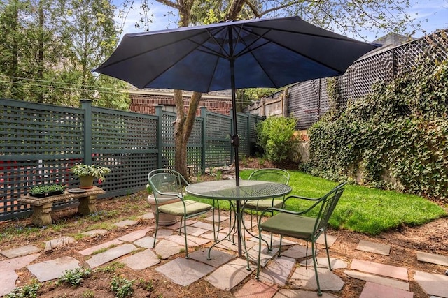 view of patio featuring a fenced backyard and outdoor dining area
