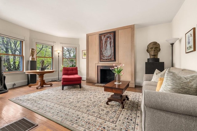 living room with baseboards, wood finished floors, and a fireplace