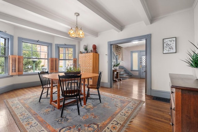 dining area featuring wood finished floors, stairway, baseboards, beamed ceiling, and a chandelier