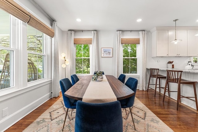 dining room with plenty of natural light, dark wood finished floors, recessed lighting, and baseboards