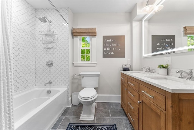 bathroom featuring shower / tub combo, toilet, baseboards, and double vanity