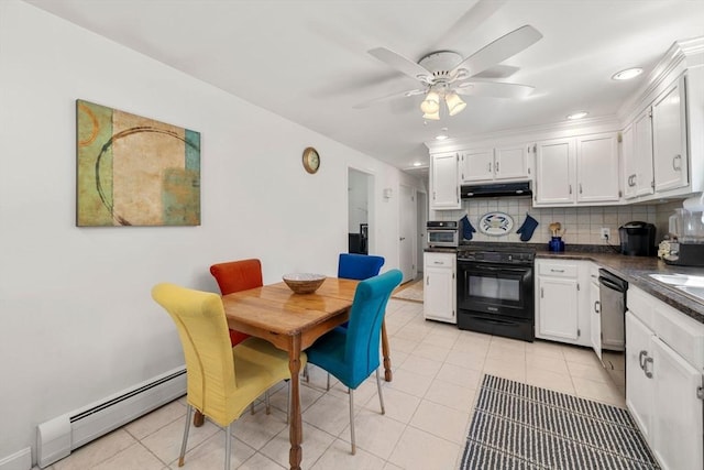 kitchen featuring dark countertops, dishwasher, stove, a baseboard radiator, and under cabinet range hood