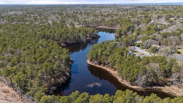 birds eye view of property featuring a water view and a view of trees