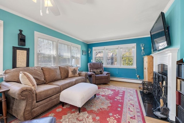 living area featuring ceiling fan, baseboard heating, a fireplace with flush hearth, light wood-type flooring, and ornamental molding