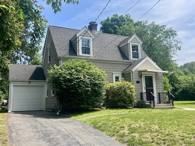65 Franklin Rd, Longmeadow, MA 01106 - new england style home with a chimney, asphalt driveway, a front lawn, and roof with shingles