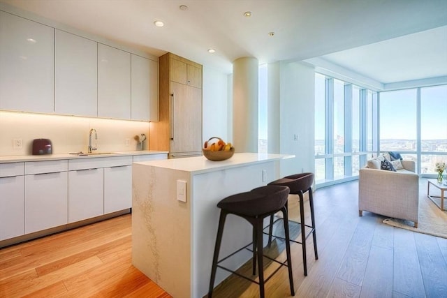188 Brookline Ave Unit 23C, Boston, MA 02215 - kitchen featuring floor to ceiling windows, a breakfast bar area, light wood-type flooring, a center island, and light countertops