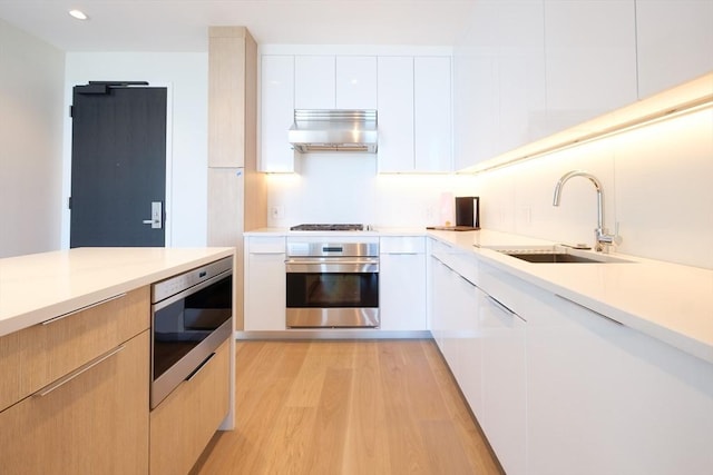188 Brookline Ave Unit 23C, Boston, MA 02215 - kitchen with appliances with stainless steel finishes, range hood, modern cabinets, light wood finished floors, and light countertops