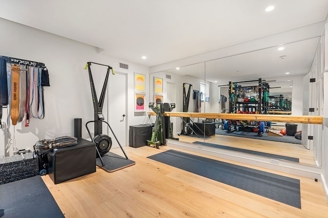 exercise area featuring light hardwood / wood-style floors